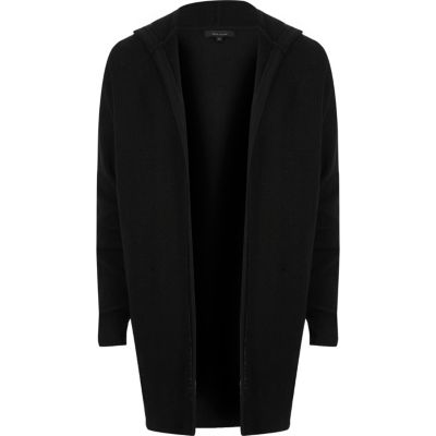 Black tapered hooded longline cardigan